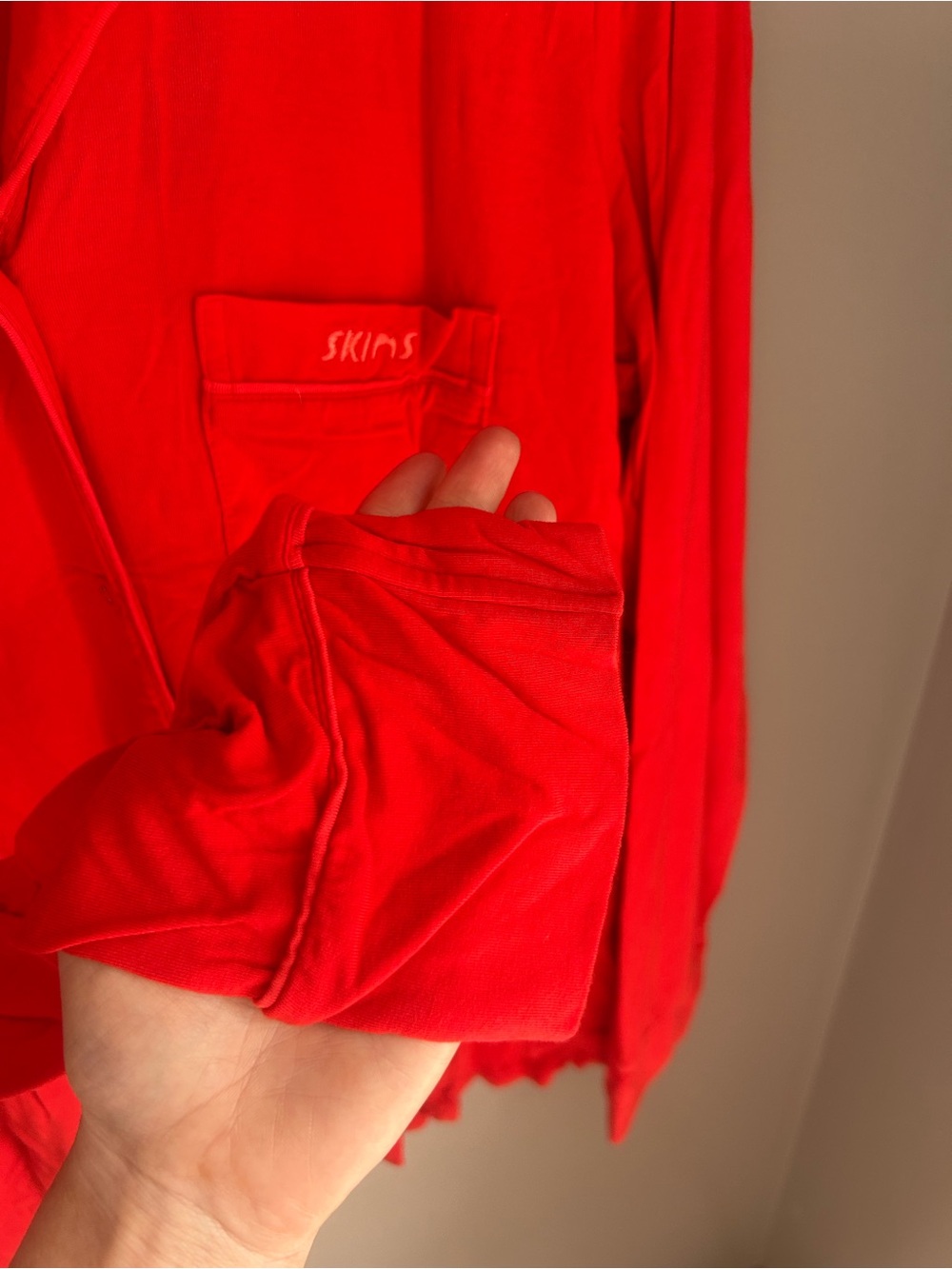 Skims Long Sleeve Button Up Sleep Lounge Shirt - Ruby Red - Picture 9 of 10